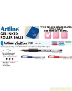 Katalog brosur gambar peralatan Stand Pen seperti Artline EGB-1500  Softline Gel Pen Ballpoint Roller Balls Rubberized Soft Grip