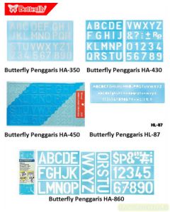 Gambar Butterfly Penggaris HA-430 Template mal cetakan sablon alphabetical huruf besar kapital dan angka merek Butterfly