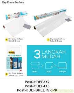 3M Post-it Lengkap murah barang Perlengkapan Kantor 3M Post-it Dry Erase Surface DEF3X2 Rolls 600x900mm / DEF4X3 Rolls 900x1200mm / DEFSHEETS-3PK Sheets 178x287mm di toko alat tulis grosir Bina Mandiri stationery